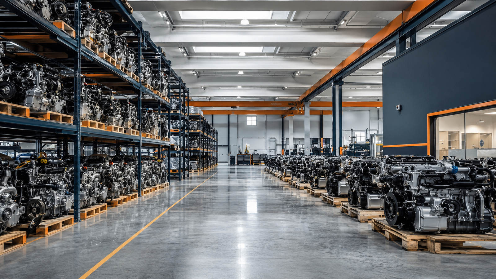 Capannone interno con motori organizzati su scaffali e pallet