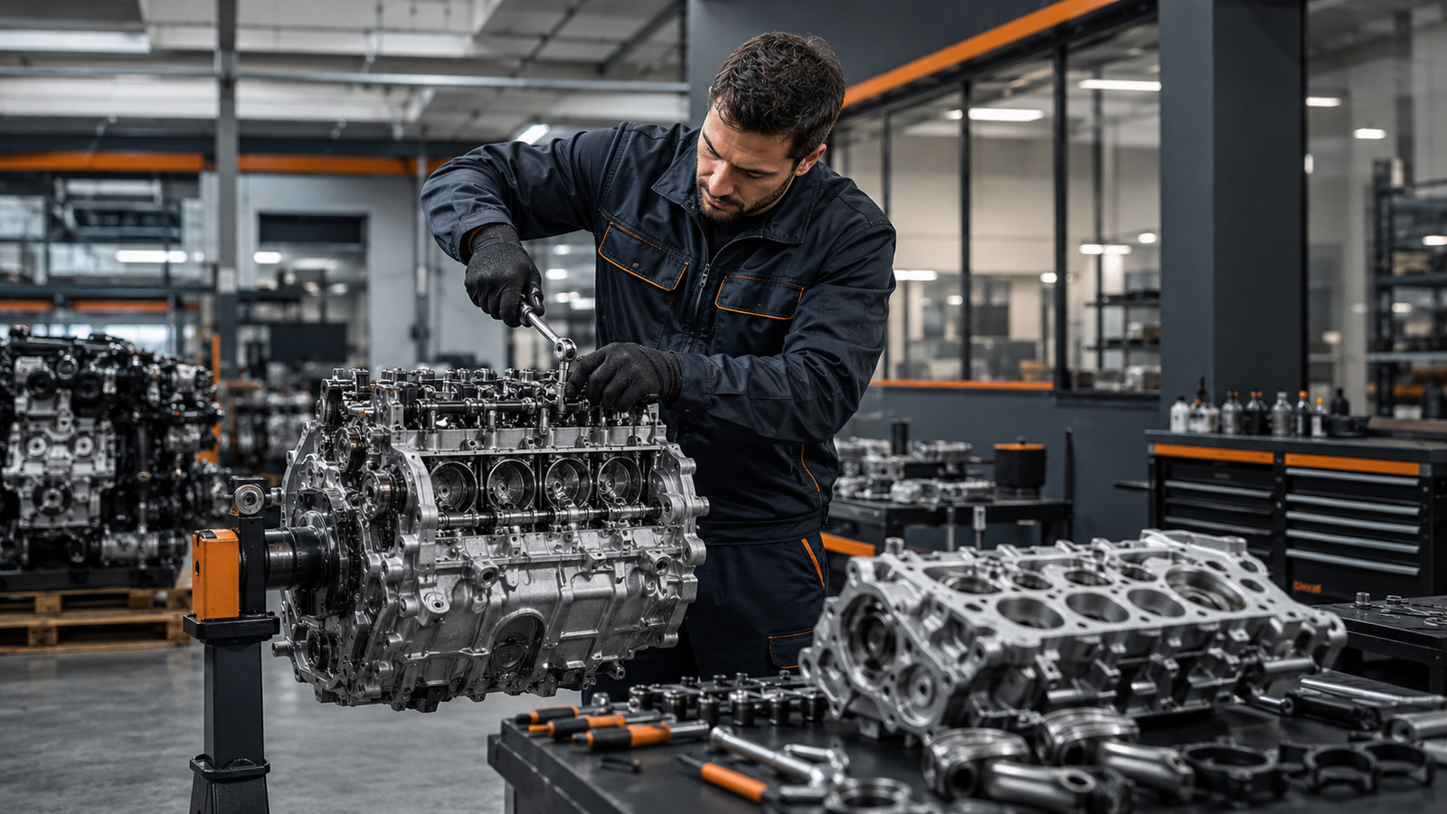 Tecnico specializzato al lavoro durante lo smontaggio di un motore